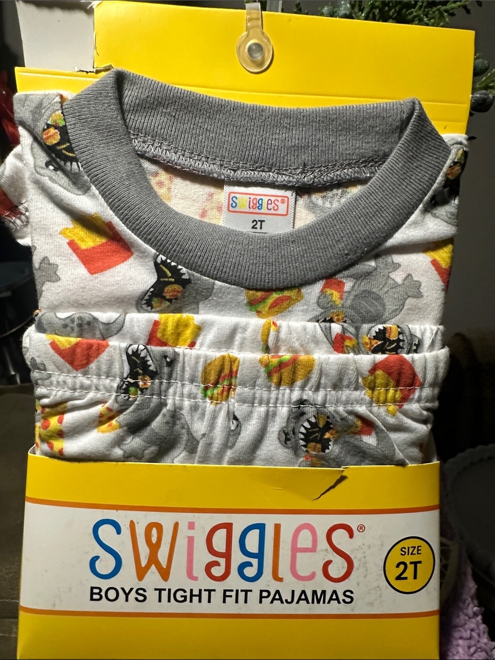 Swiggles Gray Boys Pajama Set with Yellow & Red Burger and Shark Print